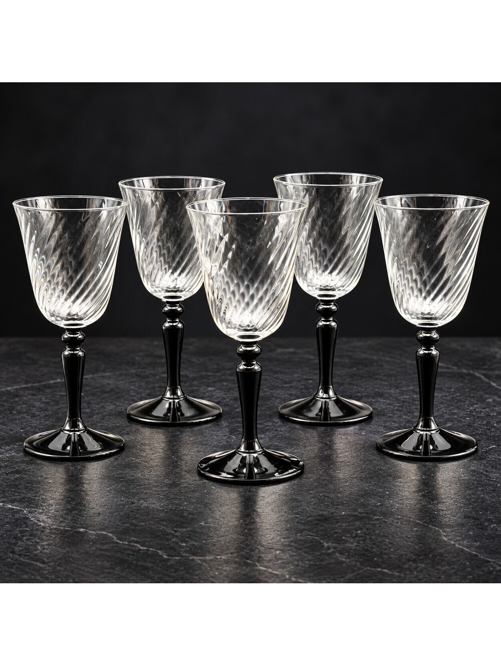 Vintage Luminarc Onyx Wine Glasses Swirl Optic Black Stem France Set of 5